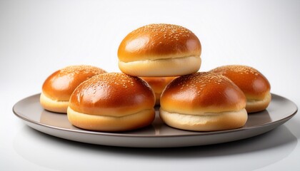 freshly baked brioche burger buns arranged on a plate creating a tempting display against a clean white backdrop