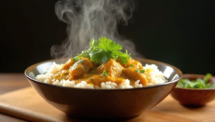 Hot chicken curry steaming over fluffy white rice with fresh green herb garnish. Savory aromatic dish served in dark bowl on wooden table. Delicious meal preparation for lunch or dinner.