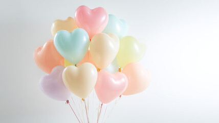 白背景でパステル調のハート風船をふんわり束ねた優しい配置