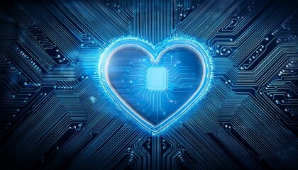 digital heart glowing on circuit board representing technology innovation