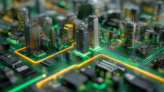 A futuristic cityscape emerges from a glowing electronic circuit board symbolizing advanced technology and digital infrastructure.
 - Powered by Adobe