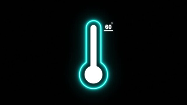 Thermometer equipment showing 60 degree hot or cold weather. 4K Video, Glowing neon line Meteorology thermometer measuring icon, celsius thermometer displayed