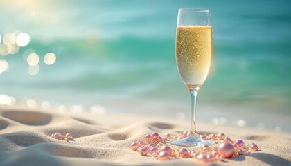 Champagne flute filled with bubbly liquid sits on sandy beach near turquoise ocean water. Pink pearls adorn foreground sand, suggesting celebratory summer event or romantic occasion near sea.