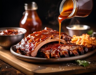 delicious smoked ribs and pulled pork getting a drizzle of flavorful bbq sauce