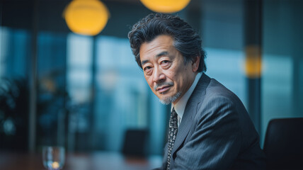 男性がガラス張りの会議室で夕方の光に照らされ静かにこちらを見る写真