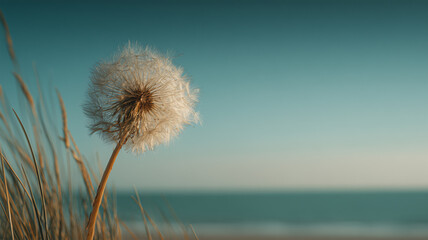 夕景の海辺で綿毛が風に舞う情景、人物なし、余白あり