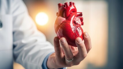 Doctor hand holding red heart model symbolizing healthcare insurance and patient protection concept