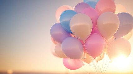 朝焼けに輝くパステルのハート風船、低い地平線の上に昇る朝、人物なし