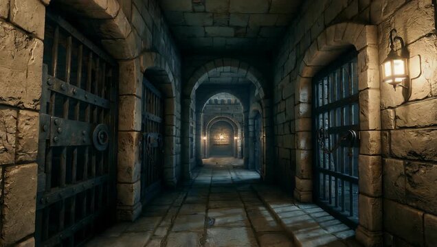 immersive ultra high definition 4K 3D rendering of medieval stone corridor at night inside castle prison featuring endless arches and looping animation for atmospheric