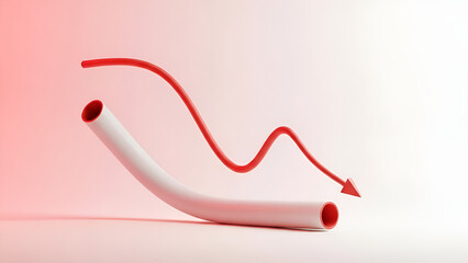 3D rendering of red declining graph line above a curved artery or vein.
