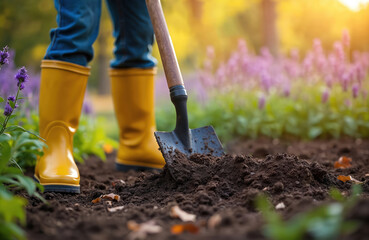 Fototapeta premium Person wears yellow boots, digs dark soil with shovel. Colorful flowers bloom in background garden. Healthy gardening concept prepares beds for planting spring vegetables.