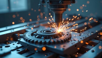 Precision machine tool works on metal gear creating sparks. Automated industrial equipment makes part with laser accuracy. Advanced manufacturing process inside factory.