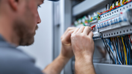 A professional electrician wearing safety gloves installs and organizes colorful network cables inside an industrial server or electrical control cabinet.
