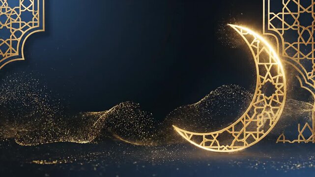 This luxurious dark blue composition features intricate golden Islamic geometric patterns and a prominent crescent moon, creating an elegant and festive visual suitable for a sophisticated Ramadan.