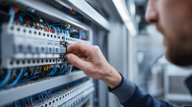 A professional electrician wearing safety gloves installs and organizes colorful network cables inside an industrial server or electrical control cabinet.
 - Powered by Adobe