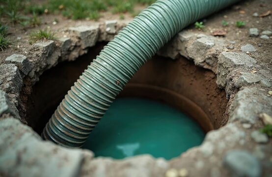 Green ribbed hose pumps turquoise liquid from deep pit. Outdoor septic tank service involves draining waste from underground storage. Environment care and home maintenance.