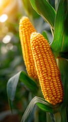 Ripe yellow corn cobs growing on the plant in a green field representing agriculture, harvest and food production.
