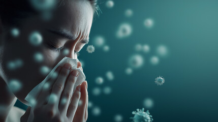 A woman covering her face with a tissue surrounded by virus particles symbolizing illness and infection.
