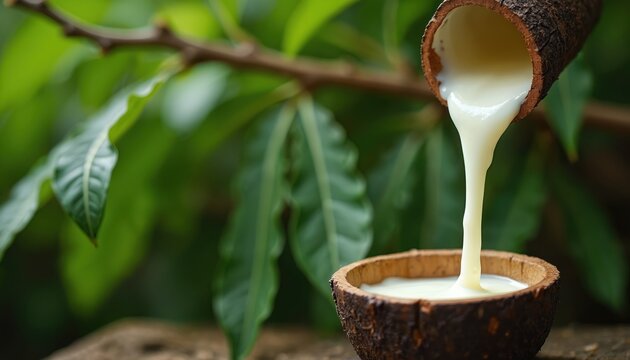 Liquid latex pours from a tree branch into a rustic bowl. This natural rubber collection shows organic process detail. Creamy white fluid flows, capturing nature harvest beauty.