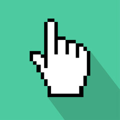 Pixelated hand cursor icon on green background, Retro mouse pointer graphic with long shadow, Click and interaction UI symbol, 8 bit cursor design, User interface pointer icon, Pixel art, Vector.