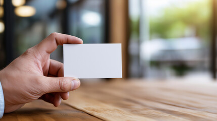 A hand holding a blank business card outdoors with shallow depth of field representing networking and branding.
