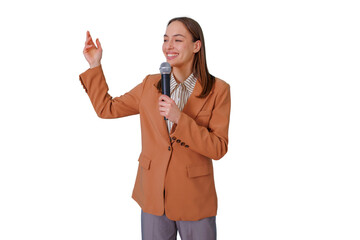 Confident woman speaking into microphone, gesturing during presentation or public speech,...