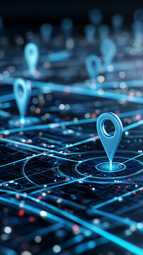 Glowing location pins connected on a digital map illustrating navigation, tracking and smart technology.
