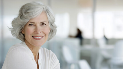 A confident senior woman smiling in a modern office representing professionalism, experience and success.
