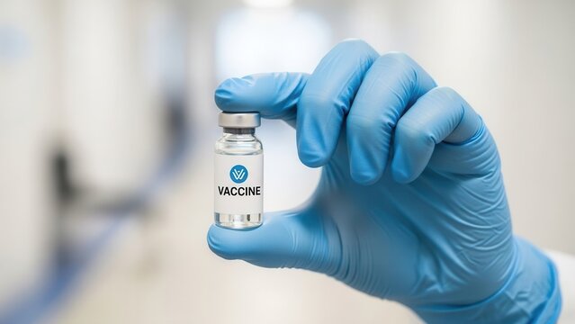 Medical hand wearing glove holding vaccine vial for immunization campaign awareness