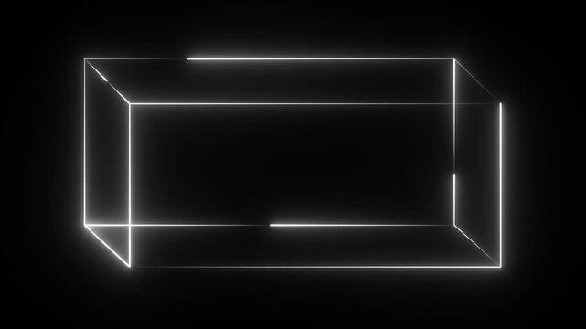 looped 3d animation, neon rectangular border frame of white glowing colour with optical illusion. Abstract cycled background