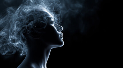 A human face partially obscured by flowing smoke creating a mysterious and abstract emotional concept.
