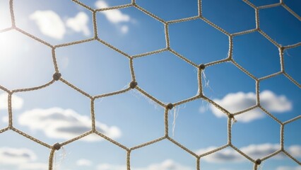 A close-up view of a wire mesh fence against a bright blue sky with fluffy white clouds