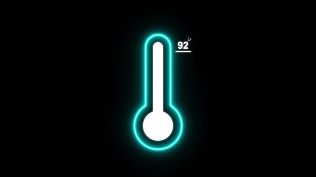 Thermometer equipment showing 92 degree hot or cold weather. 4K Video, Glowing neon line Meteorology thermometer measuring icon, celsius thermometer displayed