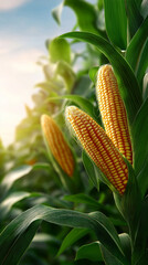 Obraz premium Ripe corn cobs growing in a green agricultural field representing farming and food production. 