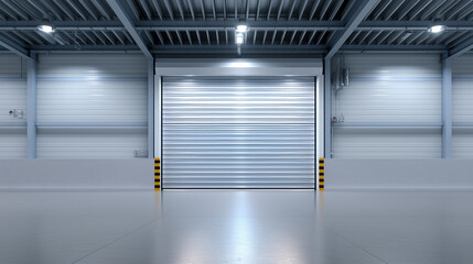Closed industrial loading docks with metal shutters inside a modern warehouse facility.
