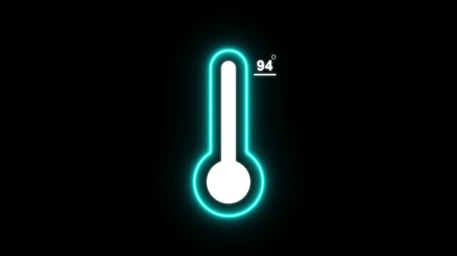 Thermometer equipment showing 94 degree hot or cold weather. 4K Video, Glowing neon line Meteorology thermometer measuring icon, celsius thermometer displayed