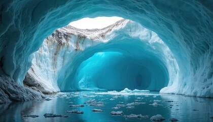 Glacier ice cave interior with luminous blue walls and meltwater pool below. Icebergs float on calm water surface. Natural wonder of frozen world.