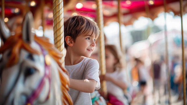 A young boy riding a carousel horse at an amusement park representing childhood joy and nostalgia.
