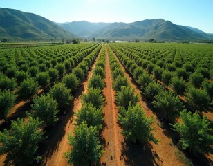 Fototapeta premium Vast citrus plantation stretches towards distant mountains under clear blue sky. Rows of green trees grow in organized lines on fertile land. Sunny day illuminates arid earth and rich foliage.