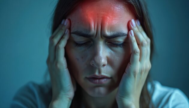 Woman experiences severe head pain, touching temples in distress. Acute migraine attack, neurological discomfort and suffering with facial tension. Seeking relief from throbbing cranial pain. - Powered by Adobe