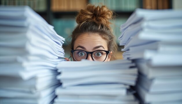 Young woman with glasses peeks over huge piles of paper on desk. Looks surprised by extreme workload, chaotic office environment. Many stacks of documents, files create overwhelming situation. Eyes