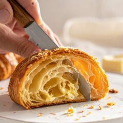 Close Up Of Golden Brown Croissant Being Sliced With A Knife Revealing Flaky Interior Texture And Light Butter Melting On Top
