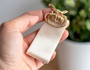 Hand Holding Decorative Omamori Charm With Gold Cord Detail and Cream Ribbon Against Blurred Green Plant Background Soft Natural Lighting