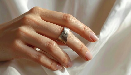 Close Up Of A Woman's Hand Wearing A Silver Ring With Water Droplets On A White Satin Fabric Background