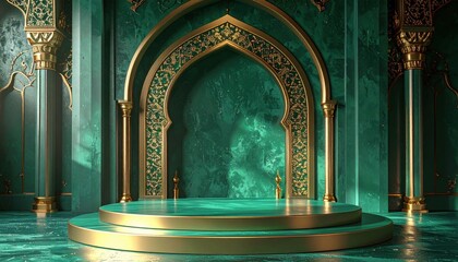 Ornate Emerald Green Podium With Gold Accents Under Dramatic Lighting Rich Islamic Architectural Elements Detailed Texture Background