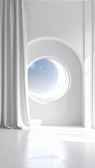 Bright Modern Interior With Round Window Showing Crescent Moon And Stars In A Dreamy Sky With Sunlight Streaming Through