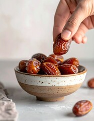 Close up of a person's hand picking a single ripe Medjool date from a rustic ceramic bowl filled with dates on a textured light grey surface with a neutral background and soft natural light.