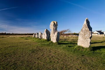 Ancient megalithic standing stones on open field under clear blue sky &mdash; prehistoric stone alignment with copy space