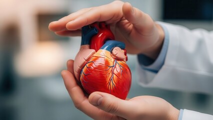 Doctor hand holding red heart model symbolizing healthcare insurance and patient protection concept
