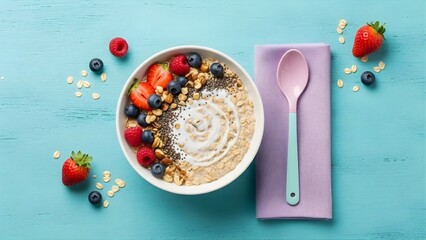 Balanced Diet and Morning Nutrition Background Featuring Oats, Blueberries, Strawberries, Almonds, and Milk